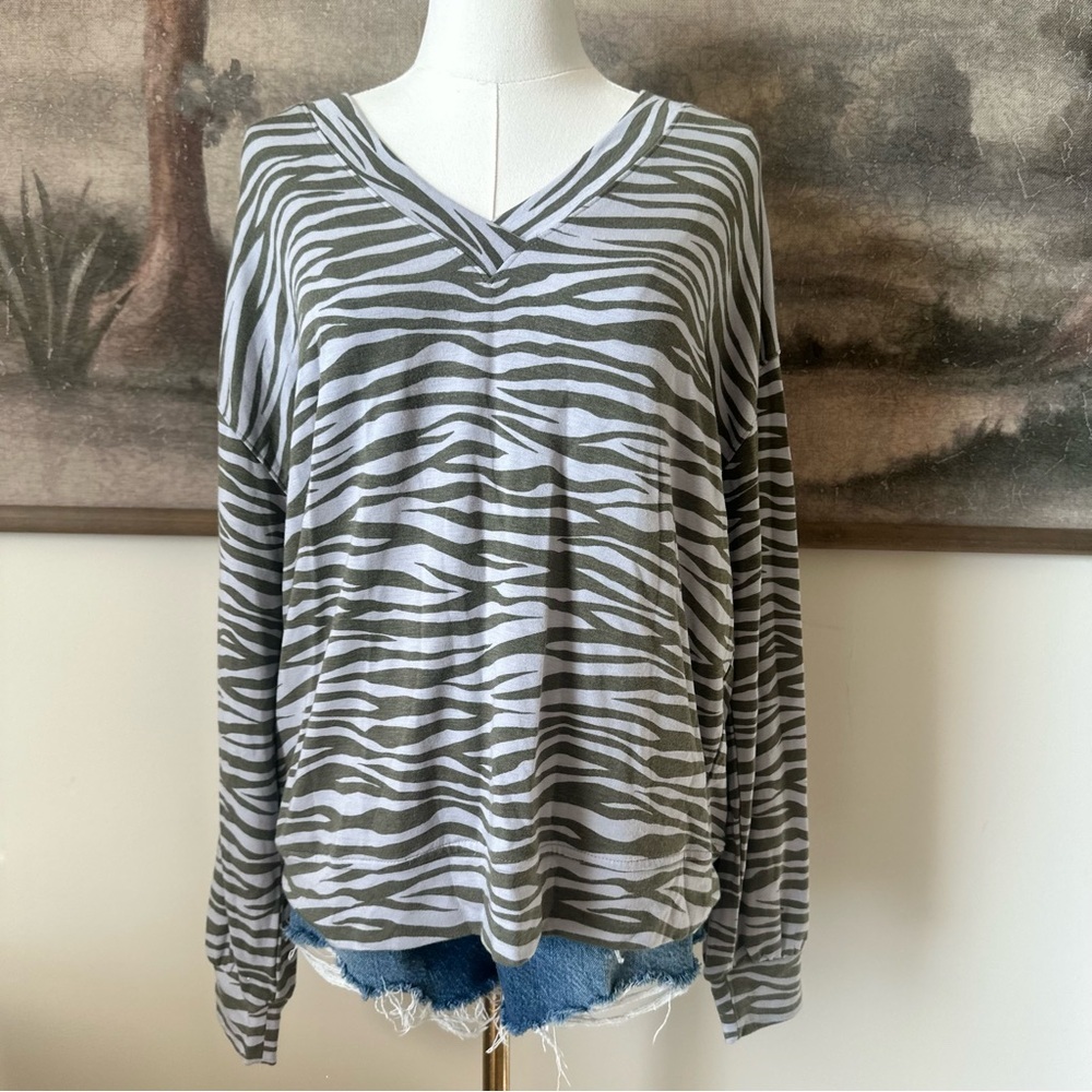LOFT Olive and White Zebra Stripe Long Sleeve Top